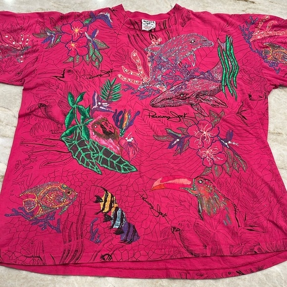 Panama Jack Tops - Vintage Panama Jack Custom Painted Ocean Tee – Hot Pink, One of a Kind